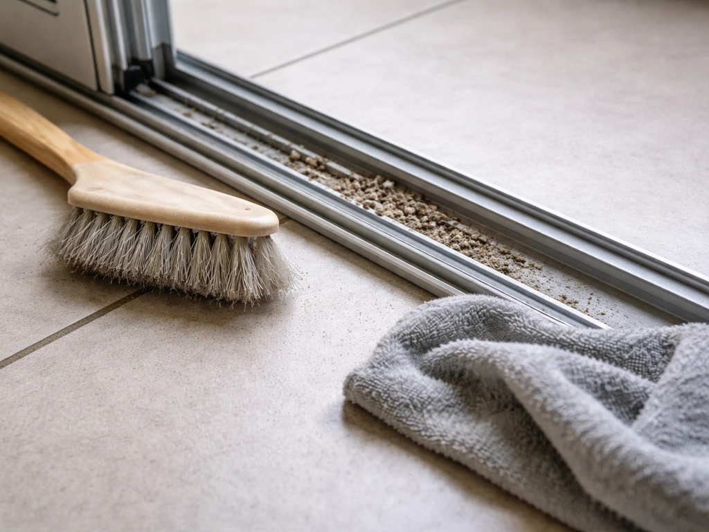 Stiff brush and damp cloth cleaning debris from a sliding door’s bottom track