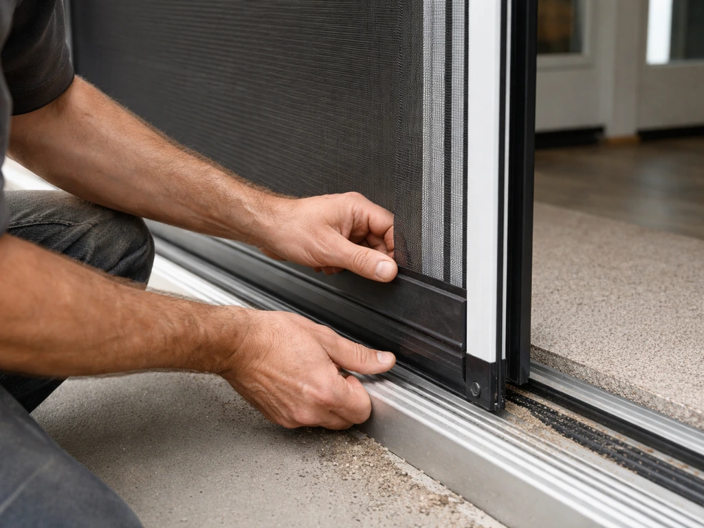 Hands install a patio door screen panel into the track, showing a clean, fitted maintenance upgrade.