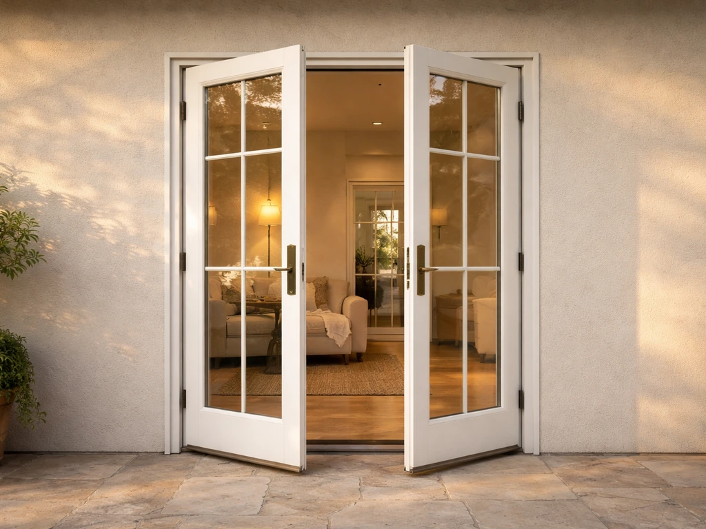 Minimal patio with a French-style energy-efficient patio door and clear double-pane glass frame lines.