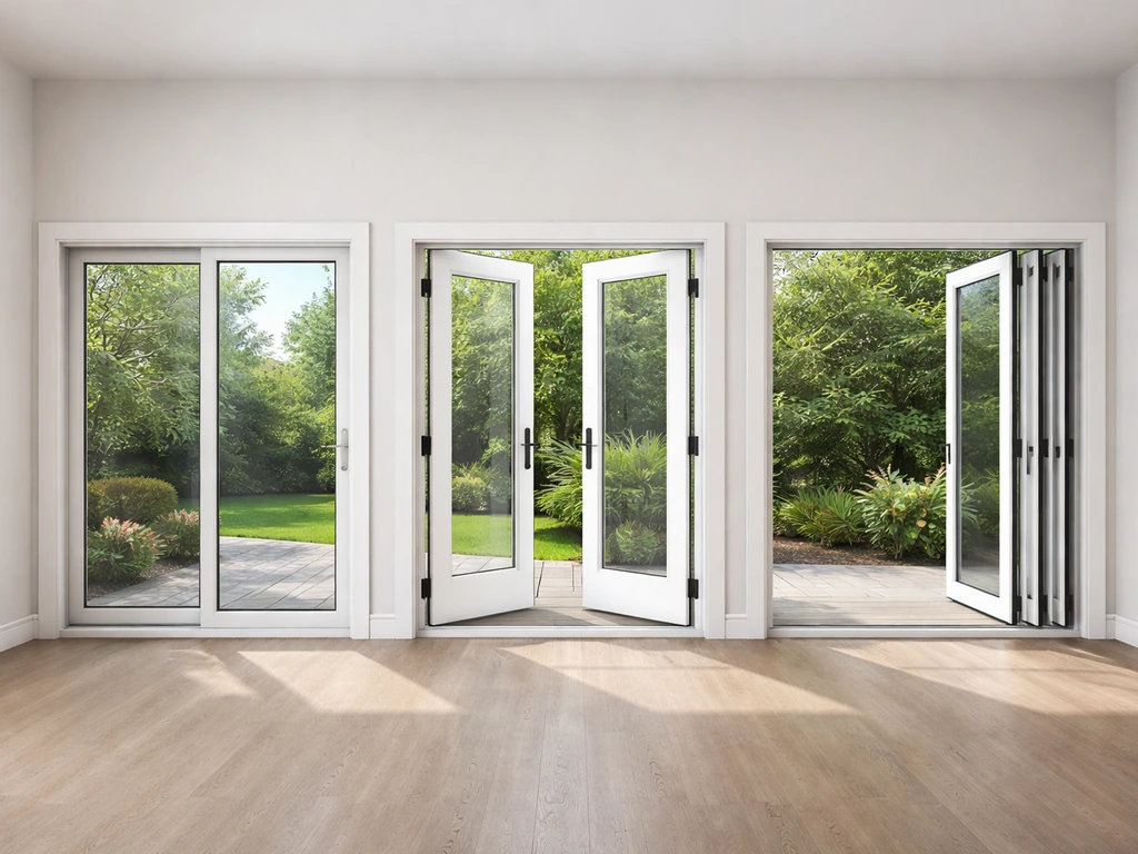 Minimal showroom view comparing sliding, French, and bifold patio door panels and sealing edges side-by-side.