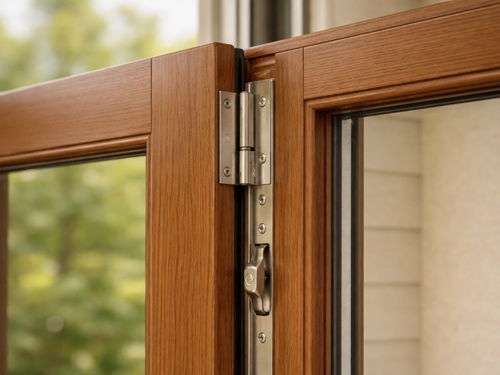 Close-up of a hinged patio door frame showing hinge hardware and multi-point locking details.