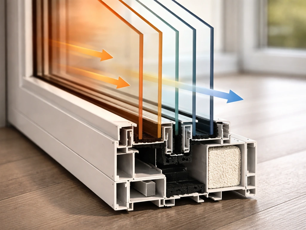 Cross-section style view of a patio door assembly with heat-flow arrows through glass and frame.