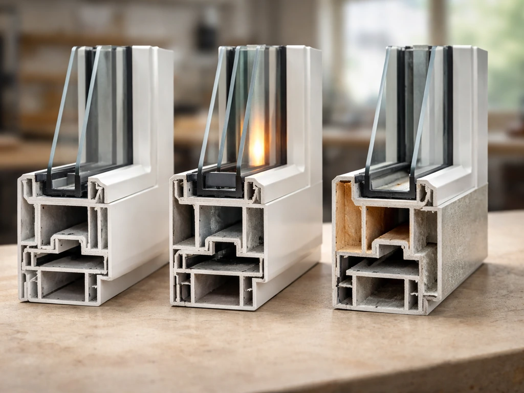 Cutaway window frame samples showing vinyl, reinforced vinyl, and wood/fiberglass with subtle heat contrast.