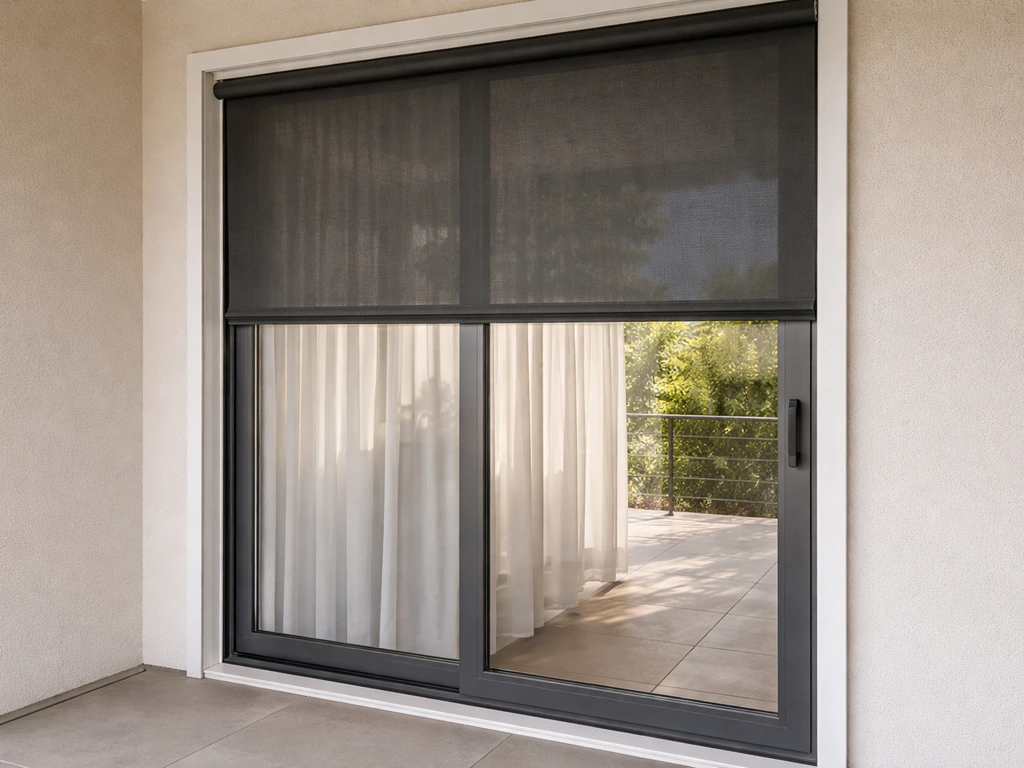Patio doors with layered shade and privacy: sheer inner curtains with an exterior roller shade partially down.