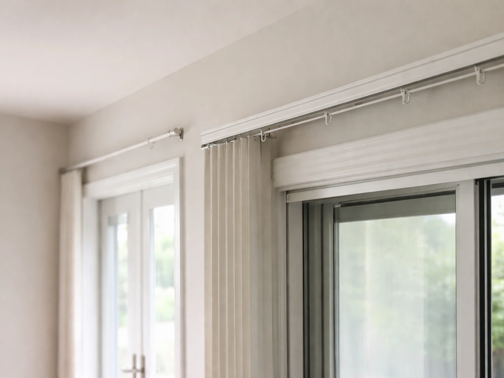 Minimal view of a sliding patio door track with mounted curtain/rail components fitting the door clearance.