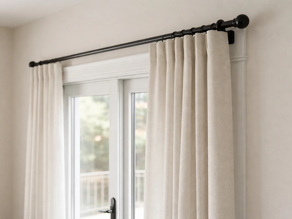 Close-up of a curtain rod bracket mounted above a patio door with blackout fabric hanging neatly.