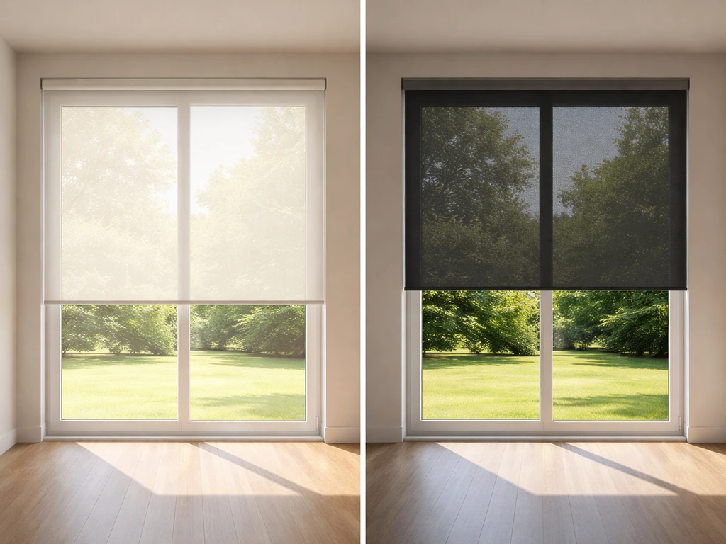 Two roller shades in a modern living room window—one filtering light, the other blocking more sun.