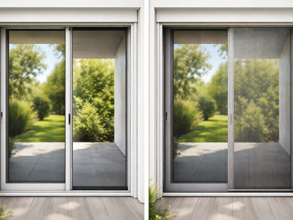 Retractable insect screen on patio door with mesh partially retracted and fully deployed, minimal patio exterior