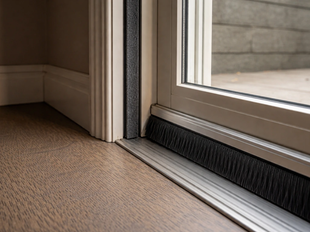 Close-up of a patio door with installed door sweep and weatherstripping sealing the bottom and sides.