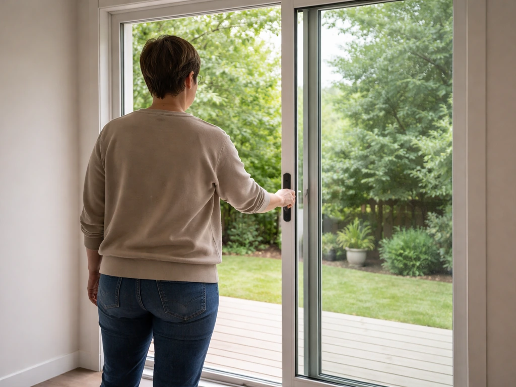 Homeowner inside facing a closed patio door, gently pushing to show outswing vs inswing direction.