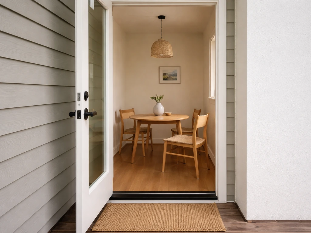 Tight dining area with an exterior door that swings outward, showing clear circulation around furniture.