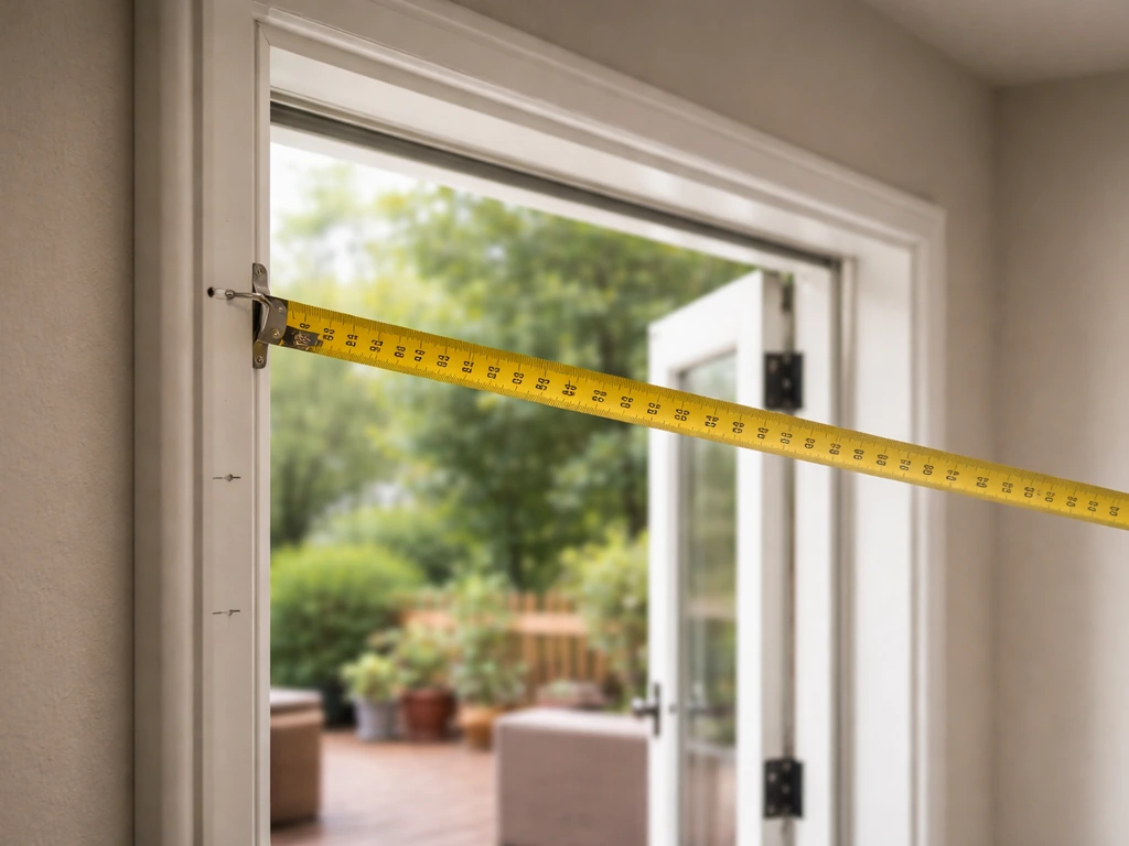 Tape measure measuring interior patio door swing clearance arc along the frame in a bright doorway