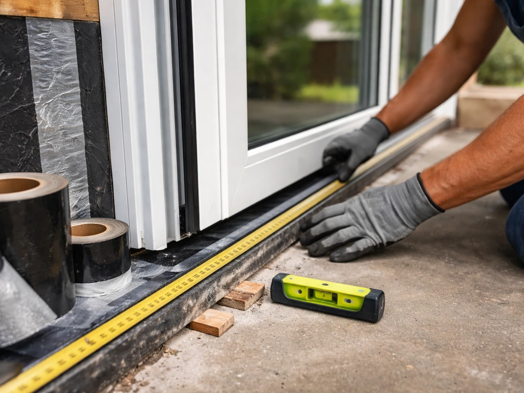 Close-up of patio door replacement installation with measuring tape, level, flashing tape, and door unit outdoors.