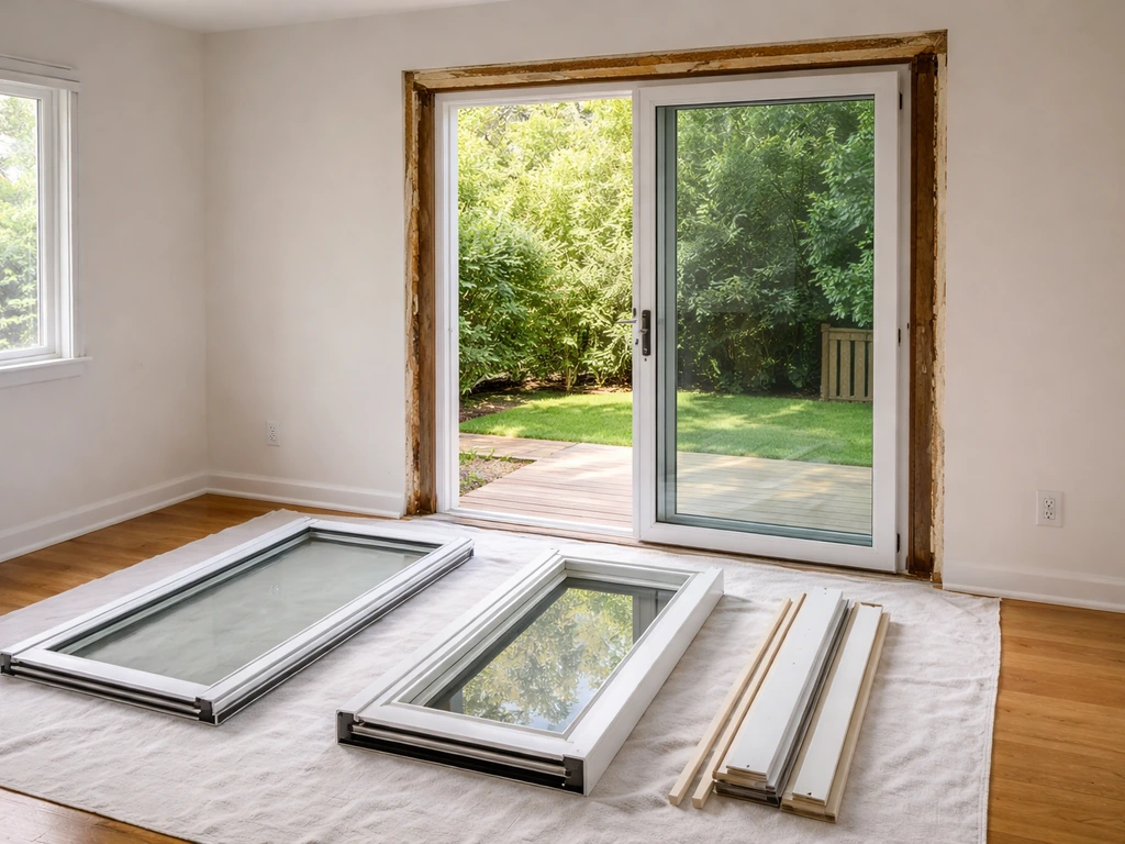Homeowner-focused view of patio door area with parts laid out for comparing replacement scope options