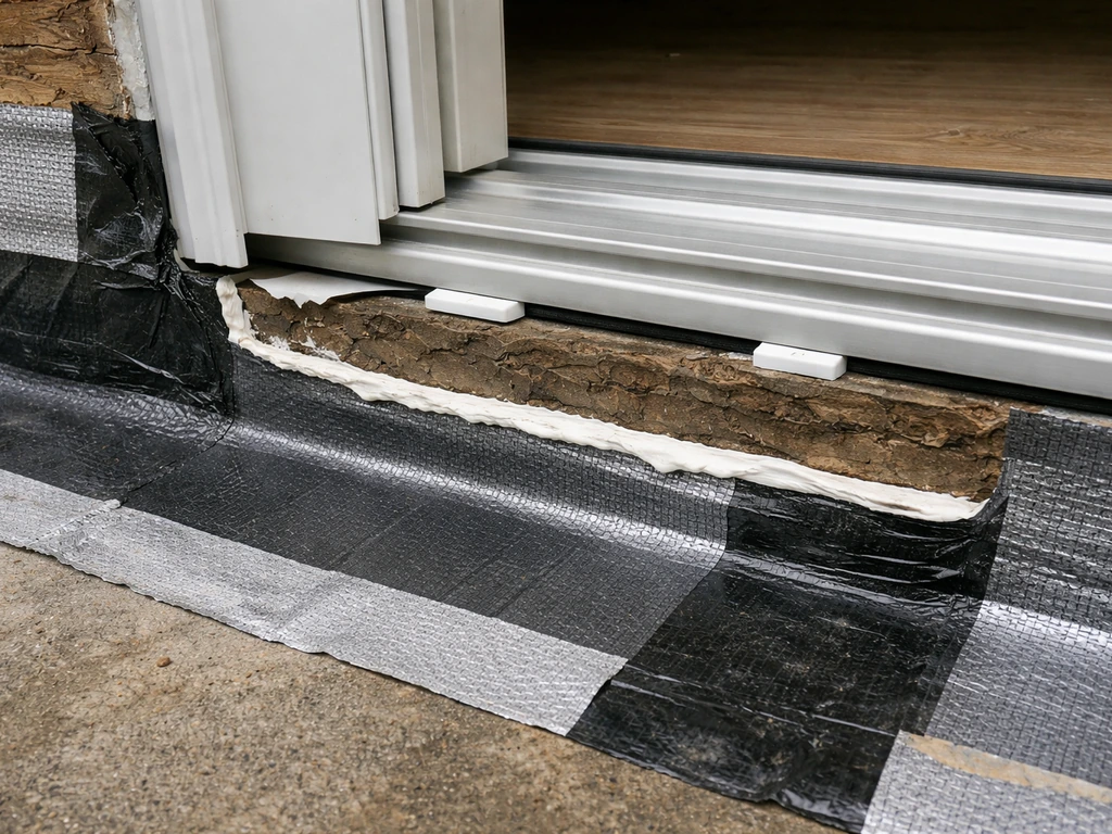 Close-up of patio door installation showing layered flashing tape, shims, and sealant around the rough opening.