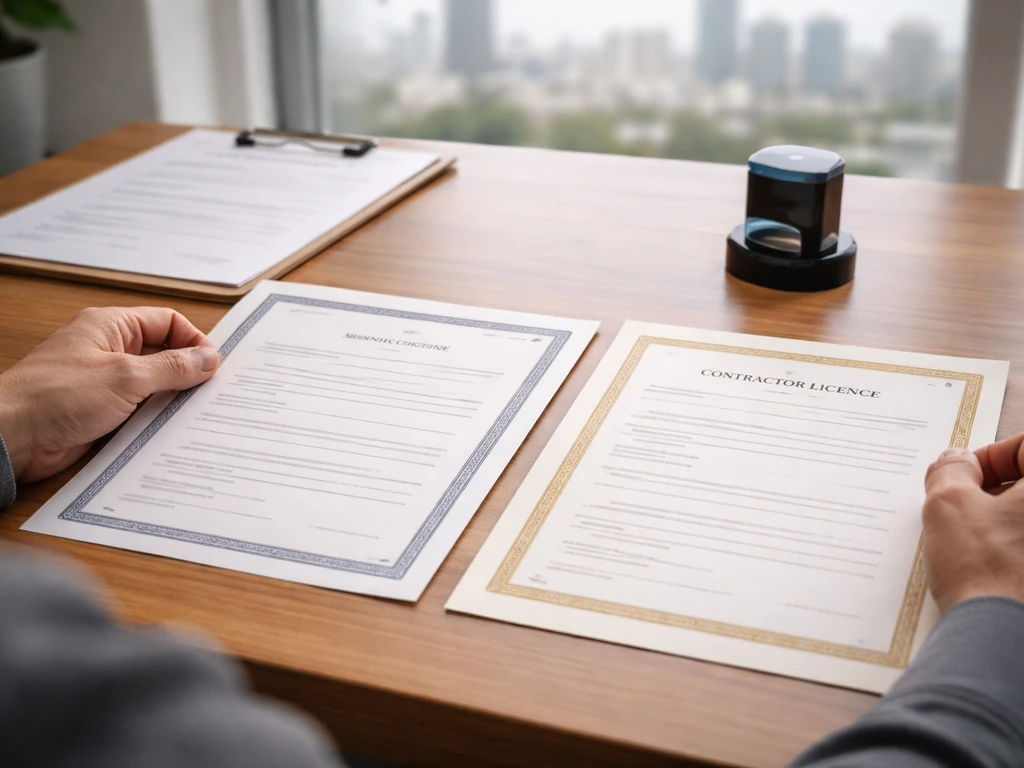 Contractor at a home-inspection desk reviews licensing and insurance documents in a quiet office setting.