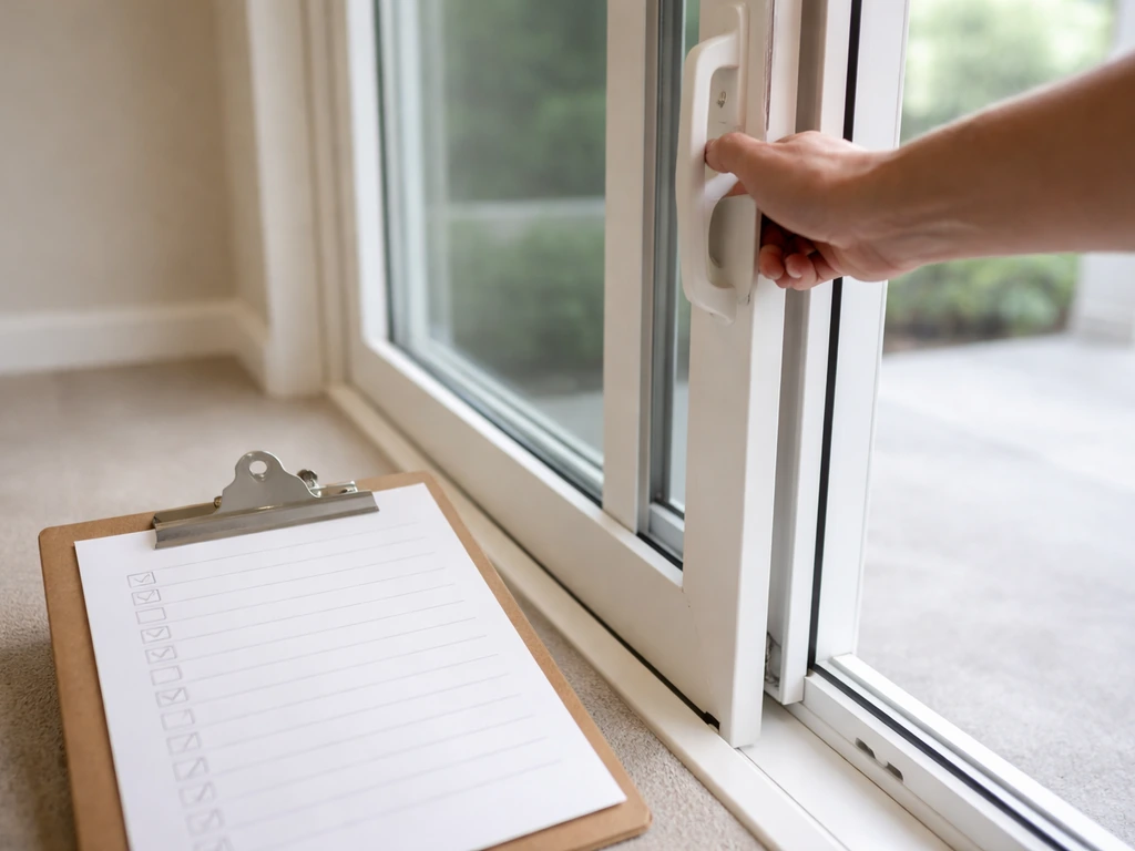 Close-up of a clipboard checklist beside a newly installed patio door while someone checks smooth operation