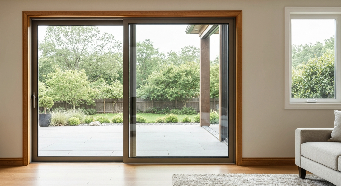 Photorealistic interior view of an 8 ft two-panel sliding patio door (one panel open) showing slim dark frame, low-profile threshold, and a landscaped backyard in daylight.