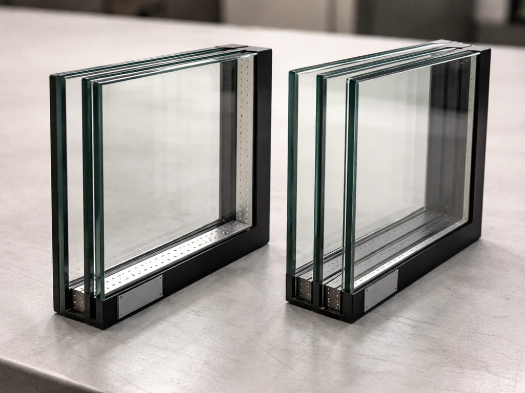 Close-up of dual-pane and triple-pane glass samples showing visible spacers and layered construction.