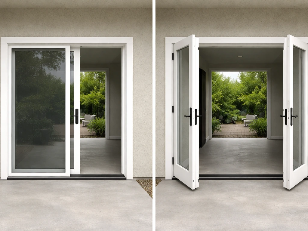 Side-by-side sliding vs French hinged patio doors at matching size, photographed outdoors.
