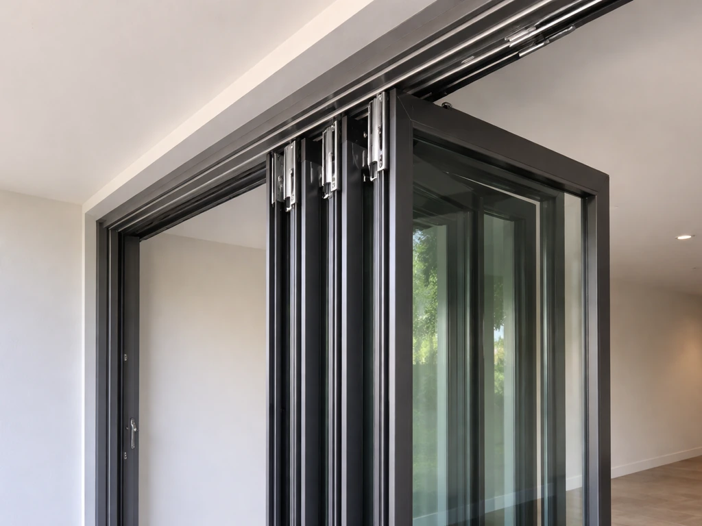 Close-up of an open multi-slide/bifold doorway showing multiple panels and detailed track hardware.