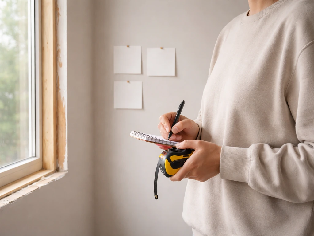 Homeowner holds a tape measure and notepad during a window-install consultation with blank pinned cards in view.