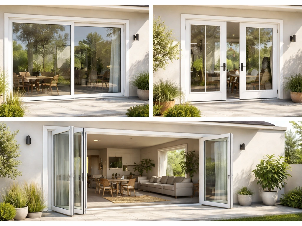 Sunlit patio showing sliding, French, and bifold glass doors in a minimal collage-like layout.