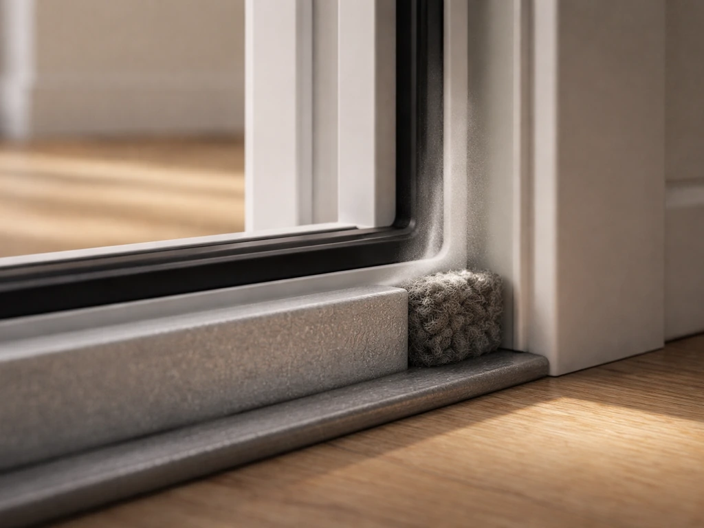 Minimal close-up of a modern patio door frame with insulation material by the window edge, light emphasizing energy effi