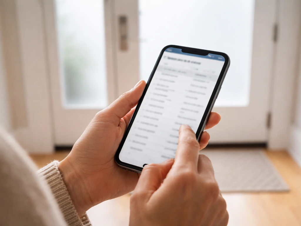 Hands holding a smartphone showing blurred door eligibility lookup results, with a patio door in view.
