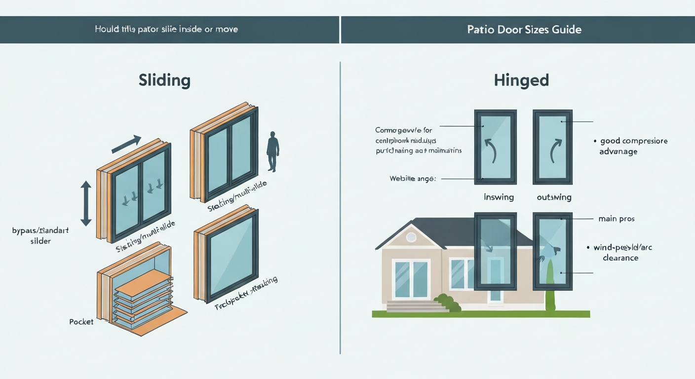 Infographic split showing sliding door types (bypass, stacking, pocket) on left and hinged doors (inswing, outswing) on right, with movement arrows and brief labels.