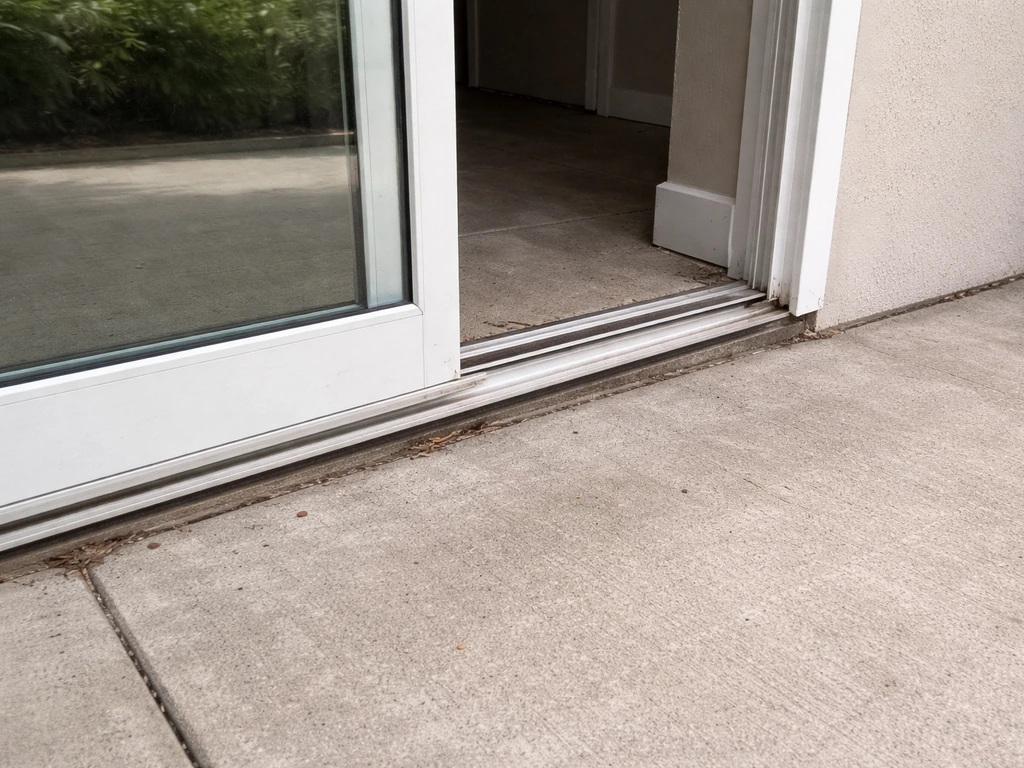 Slightly misaligned sliding patio door with visible track gap on a home exterior patio.