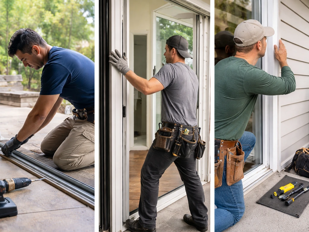 Three-person split scene showing a patio door sliding repair, glass installer, and frame contractor assessing.
