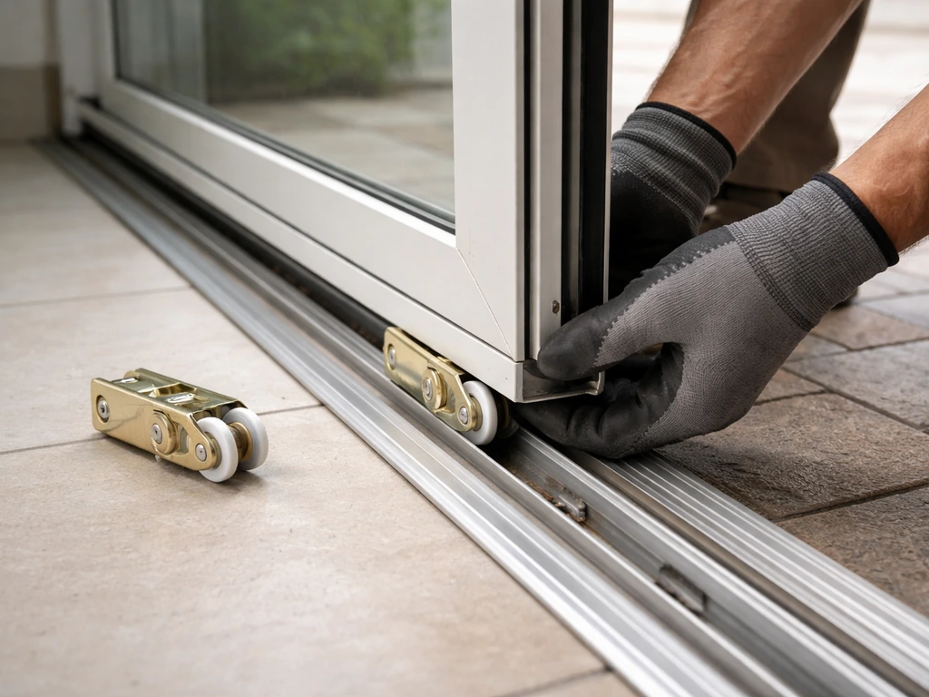 Technician replacing sliding patio door rollers and aligning the glass panel on a track