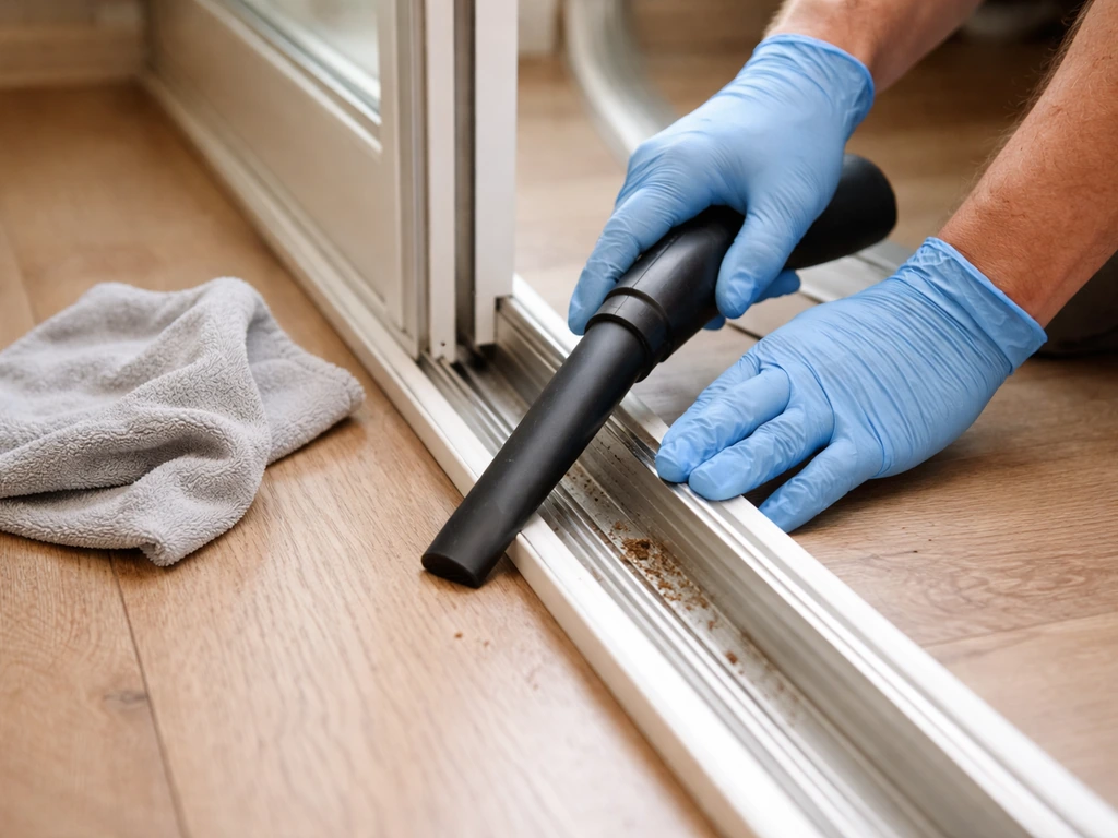 Gloved hands vacuuming debris from a sliding patio door track channel with a cloth nearby.