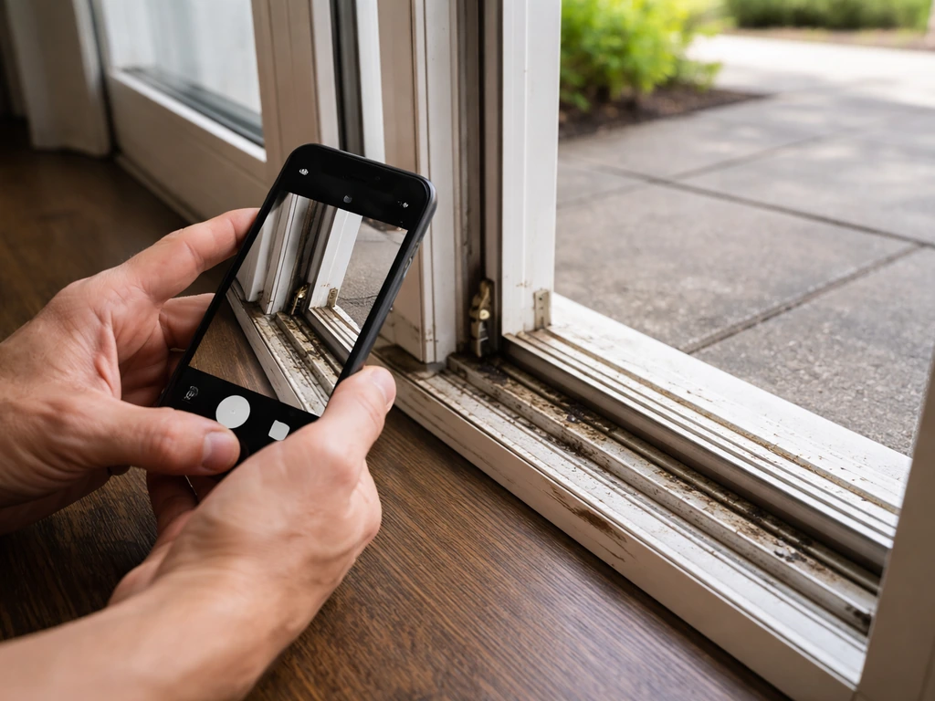Close-up of a person inspecting a sliding patio door, with interior, exterior, and track damage visible