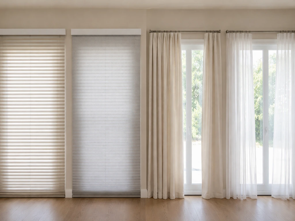 Side-by-side patio-door coverings: blinds, cellular shades, curtains, and sheers with different light filtering