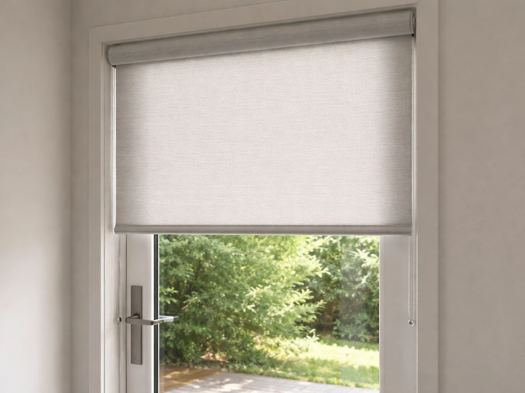 Patio door with a roller shade pulled up and down to control light and privacy.