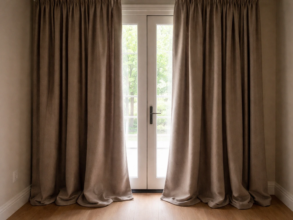 Thick thermal drapes gathered beside a patio door, showing soft folds and a warm insulated look