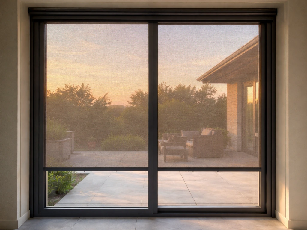Exterior solar screen mounted on a patio door glass, reducing glare while keeping the outdoor view.
