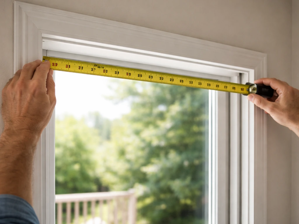 Hands stretching a tape measure across a patio door opening to measure for a shade mount fit.