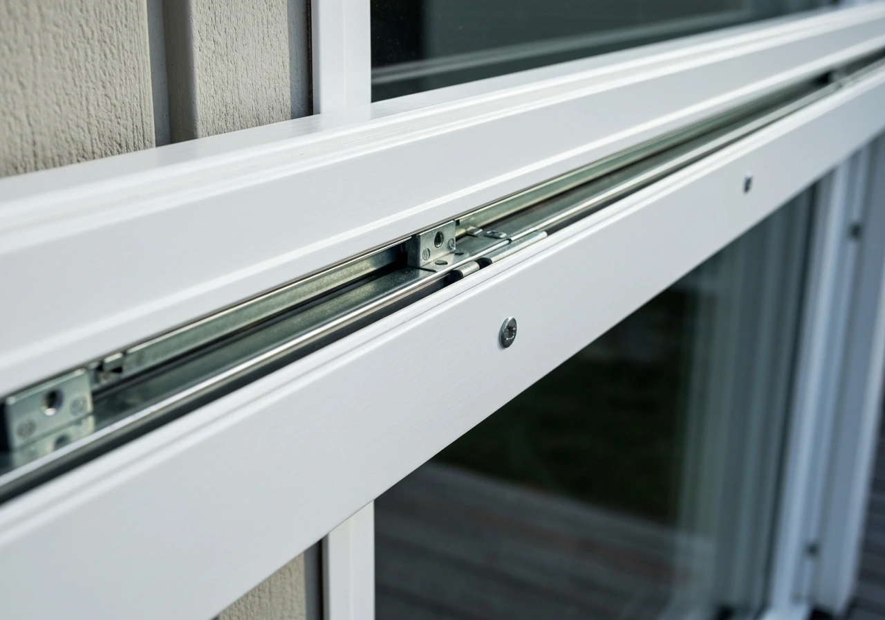 Close-up of a vinyl patio door frame and smooth track area with clean hardware and sealed joints