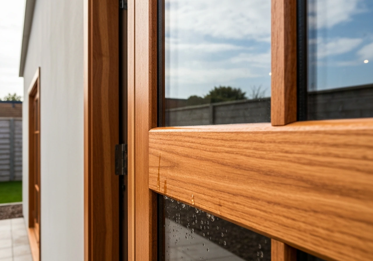 Wood patio door in a showroom-style space with visible grain and light condensation beads