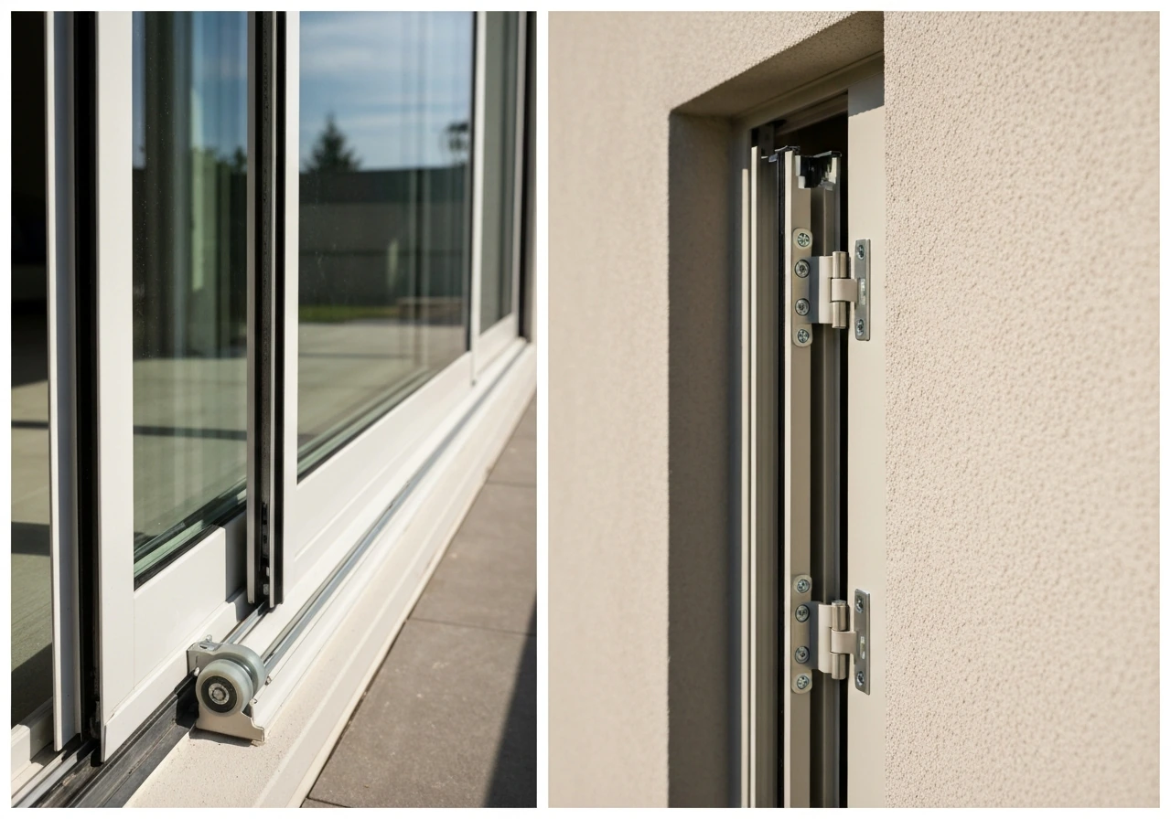 Minimal home exterior showing a sliding patio door with visible track and a neighboring hinged door inset detail.