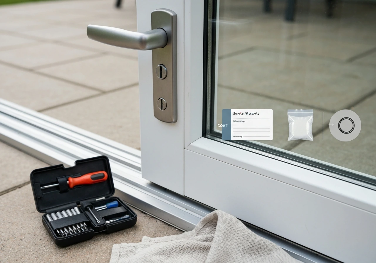 Close-up of patio door hardware and tools on a tidy outdoor threshold with warranty-themed details