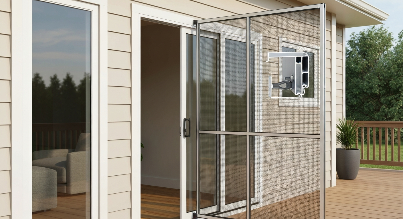 Photorealistic front three-quarter view of a sliding glass patio door with an aluminum-framed sliding insect screen panel partially open, showing top and bottom tracks and visible mesh texture.