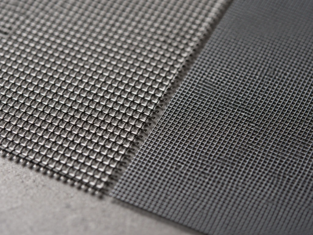 Close-up comparison of two insect screen mesh weaves showing denser vs coarser wire spacing.
