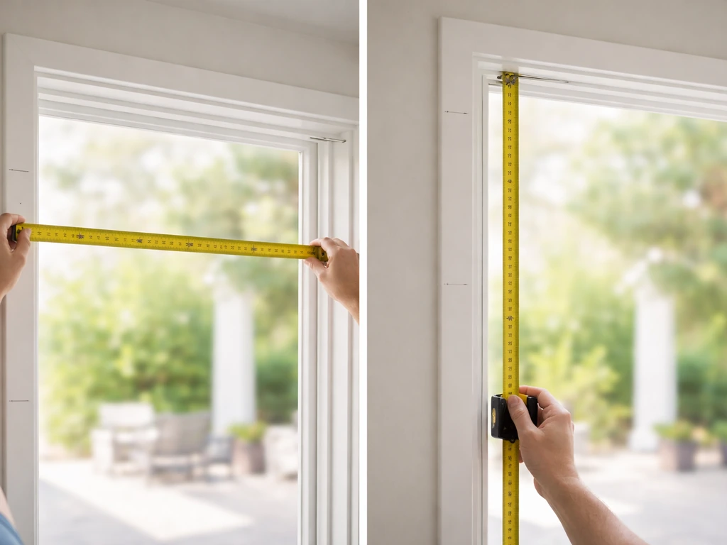 Measuring inside a patio door frame with a tape across multiple points for a retractable screen fit