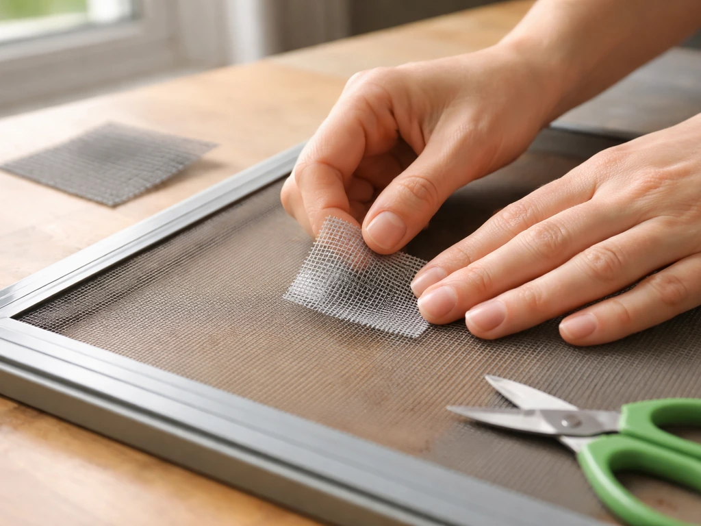 Close-up of hands applying screen repair tape to seal a small puncture on a window mesh screen.