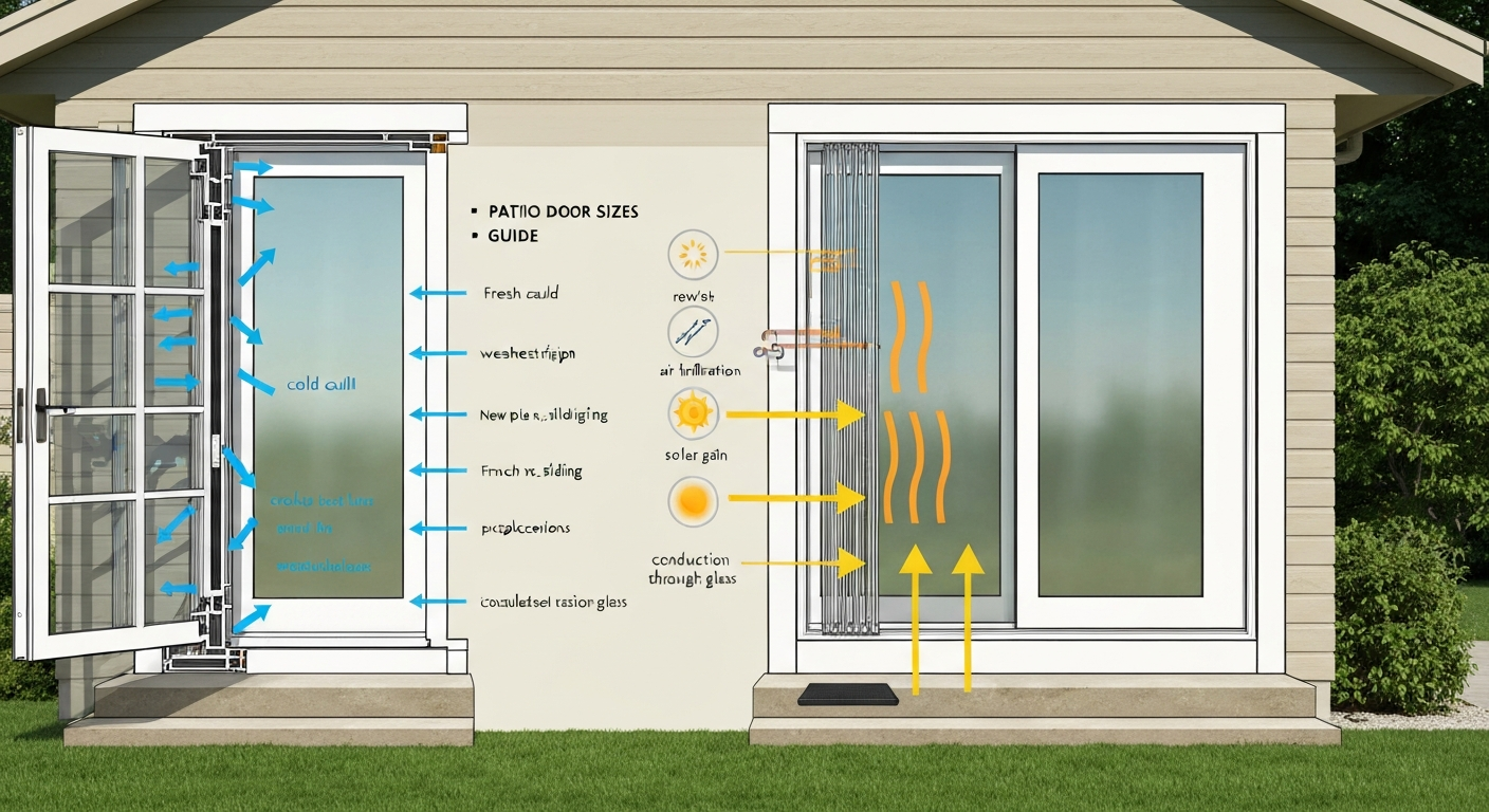 Split illustration of a patio door before and after energy-efficiency retrofits: left side shows blue arrows for heat loss at gaps and old seals; right side shows new caulk, weatherstripping, a door sweep and low‑E/glazed unit with warm arrows indicating improved insulation.