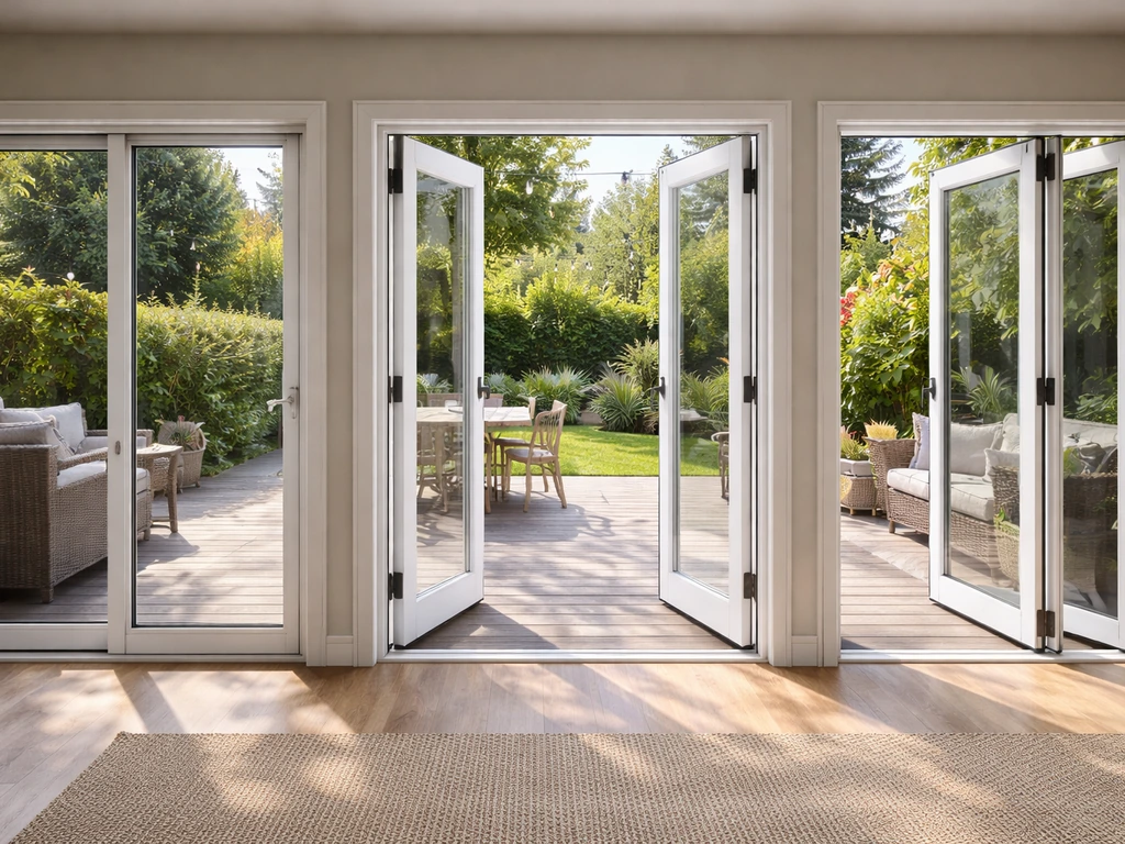 Wide patio view showing sliding, French, and bifold glass doors open to a deck.